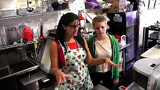 Young kermis Alani Pi has job interview as barista  at Penny Barber's  quick-service coffee shop